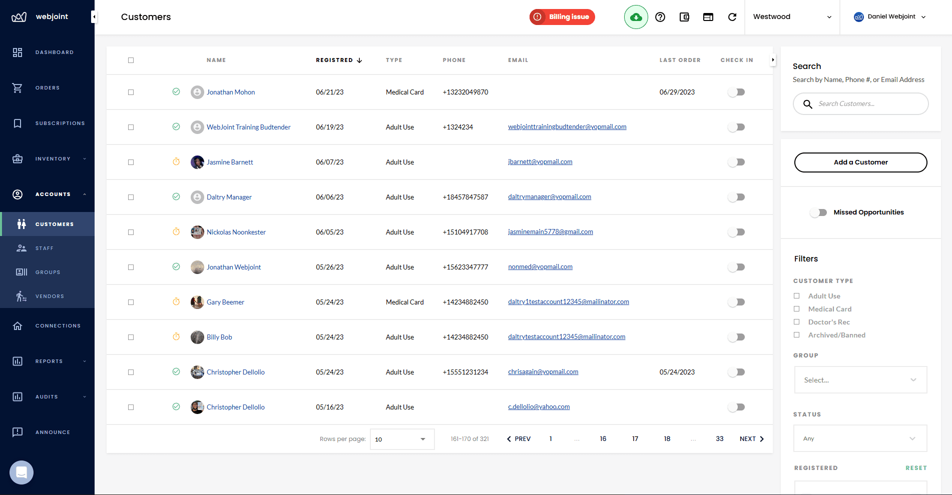 WebJoint customer management dashboard showing customer list with search and filters