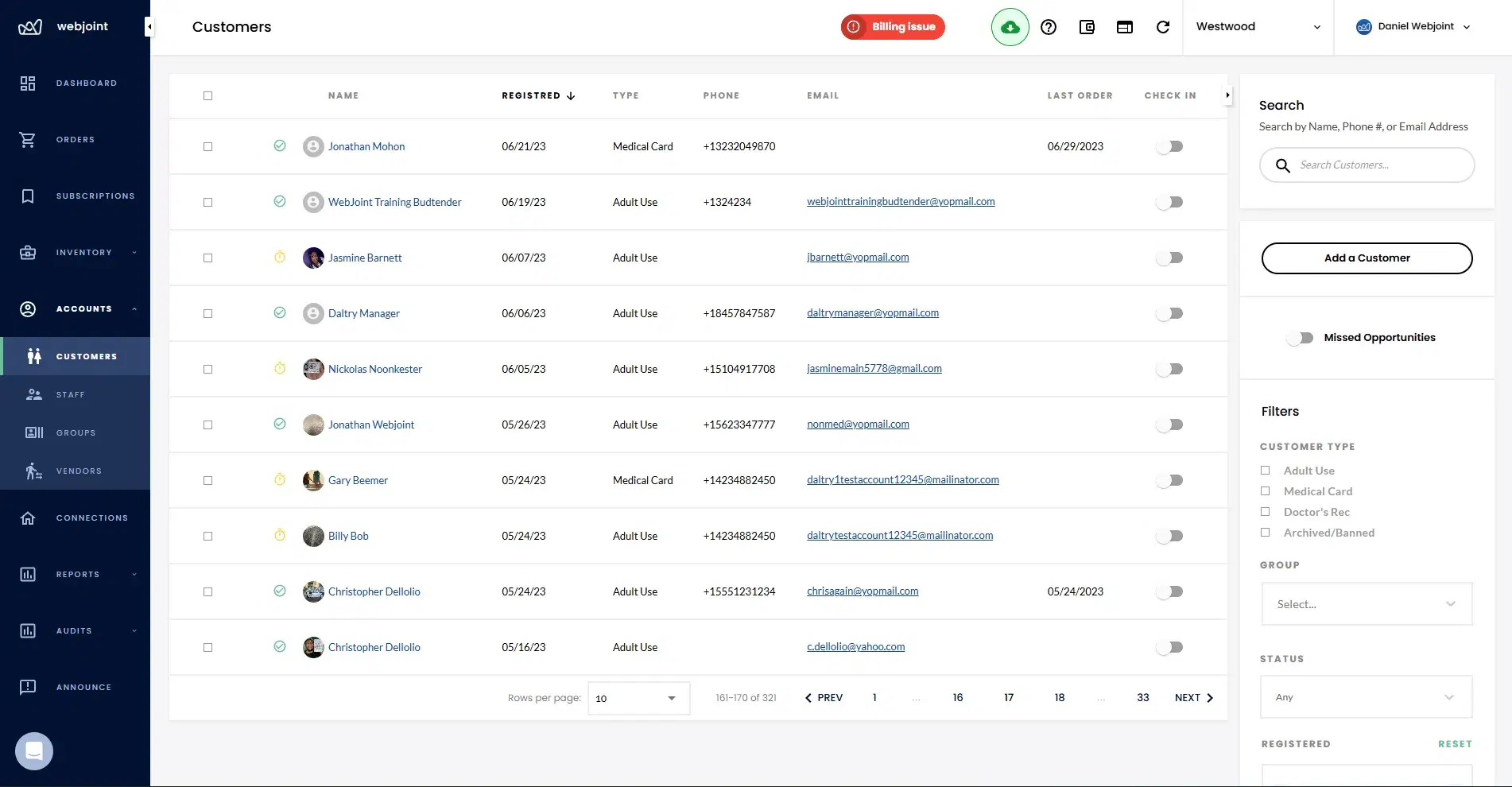 WebJoint customer management dashboard showing customer list with search and filters