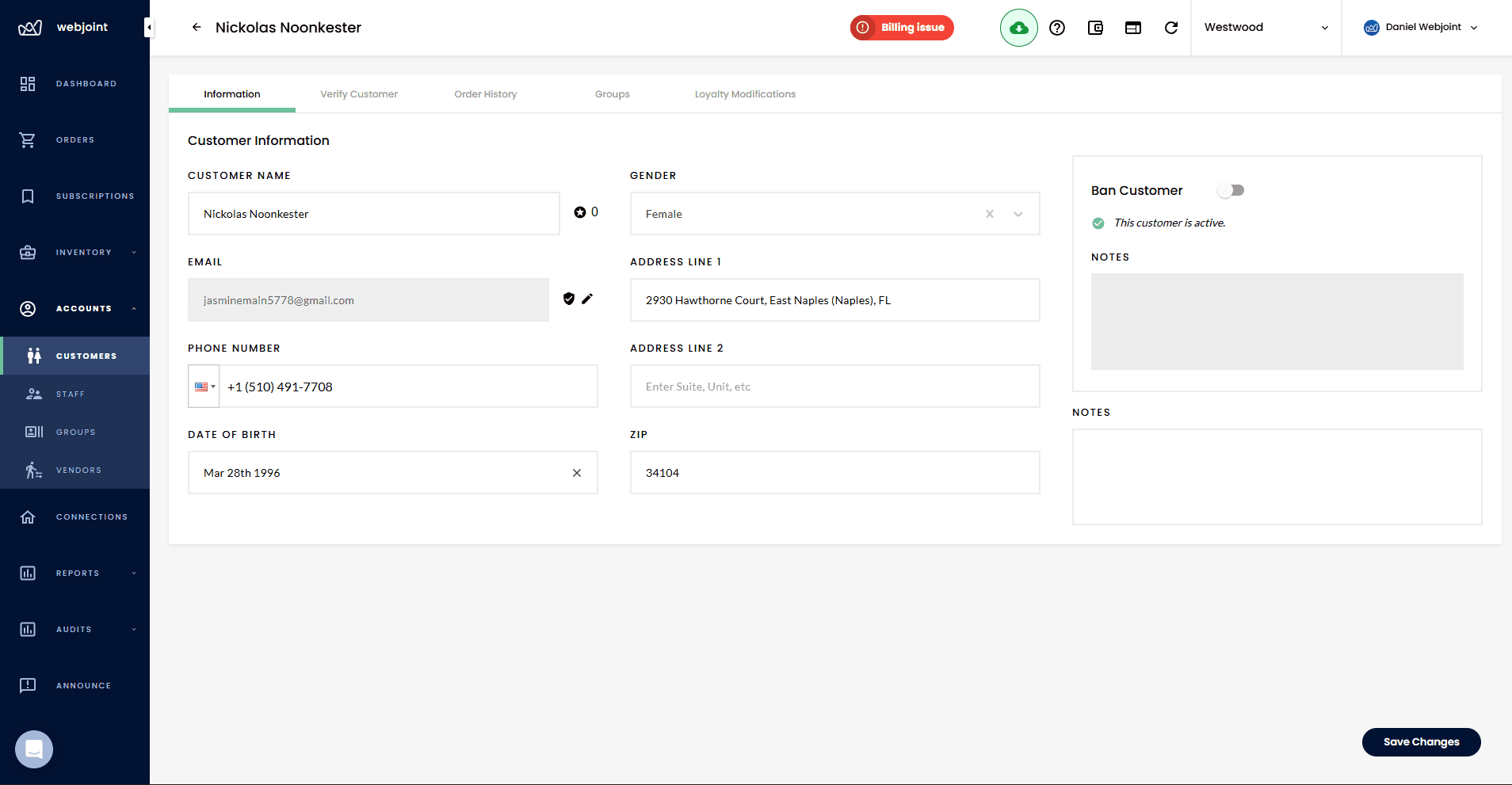 WebJoint customer profile showing contact information, notes, and ban toggle