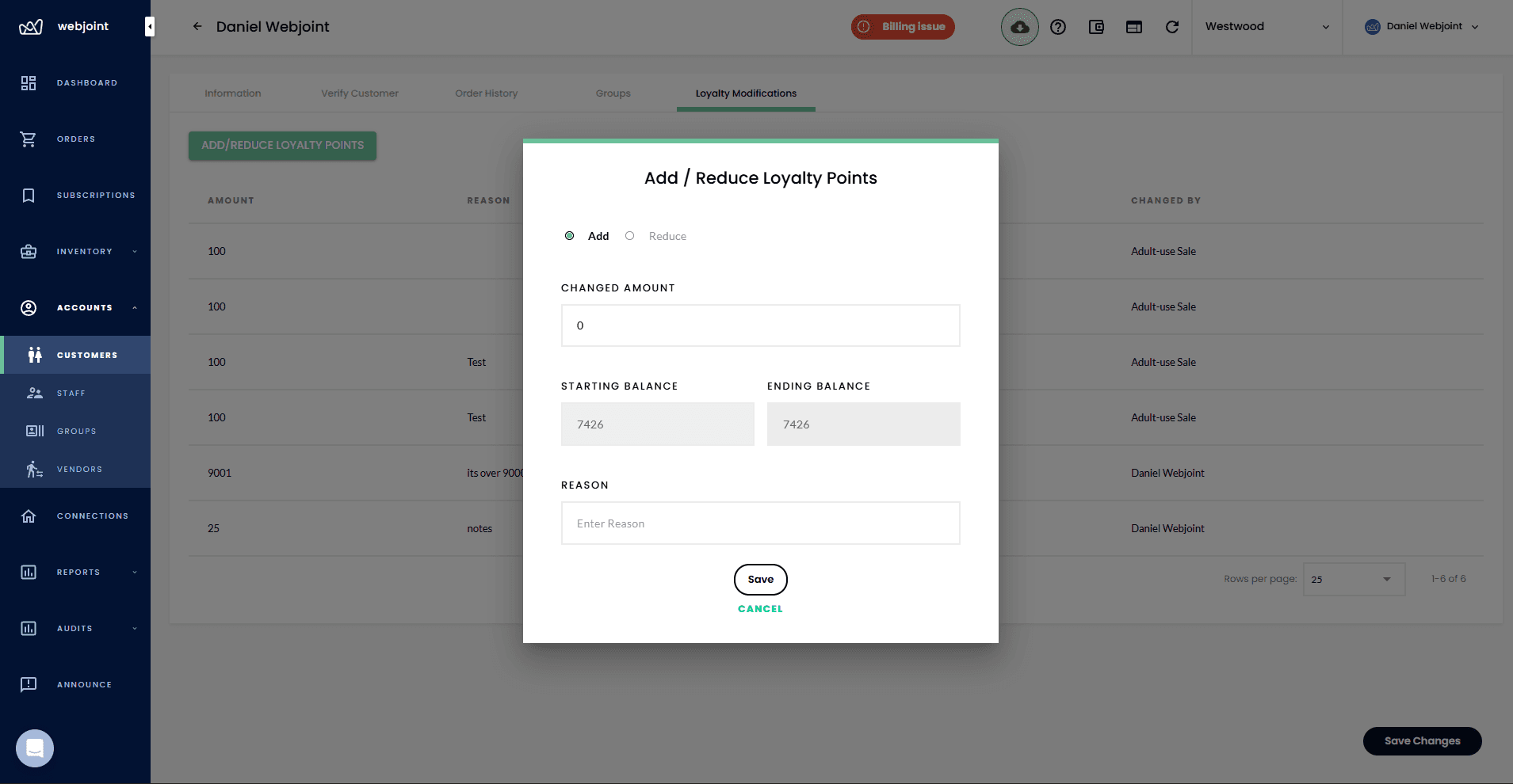 WebJoint loyalty points modification screen showing add and reduce points