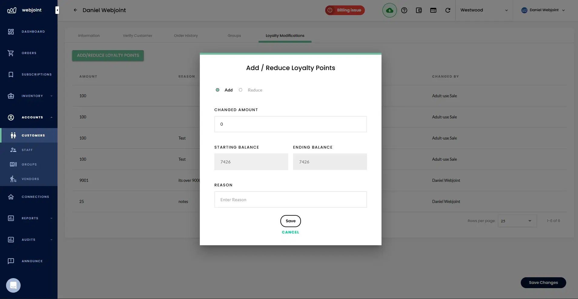 WebJoint loyalty points modification screen showing add and reduce points