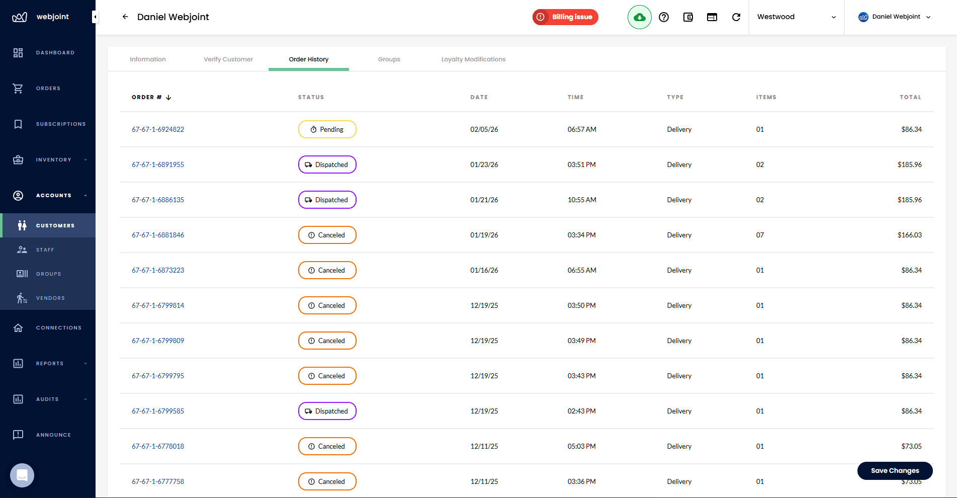 WebJoint customer order history showing complete purchase records