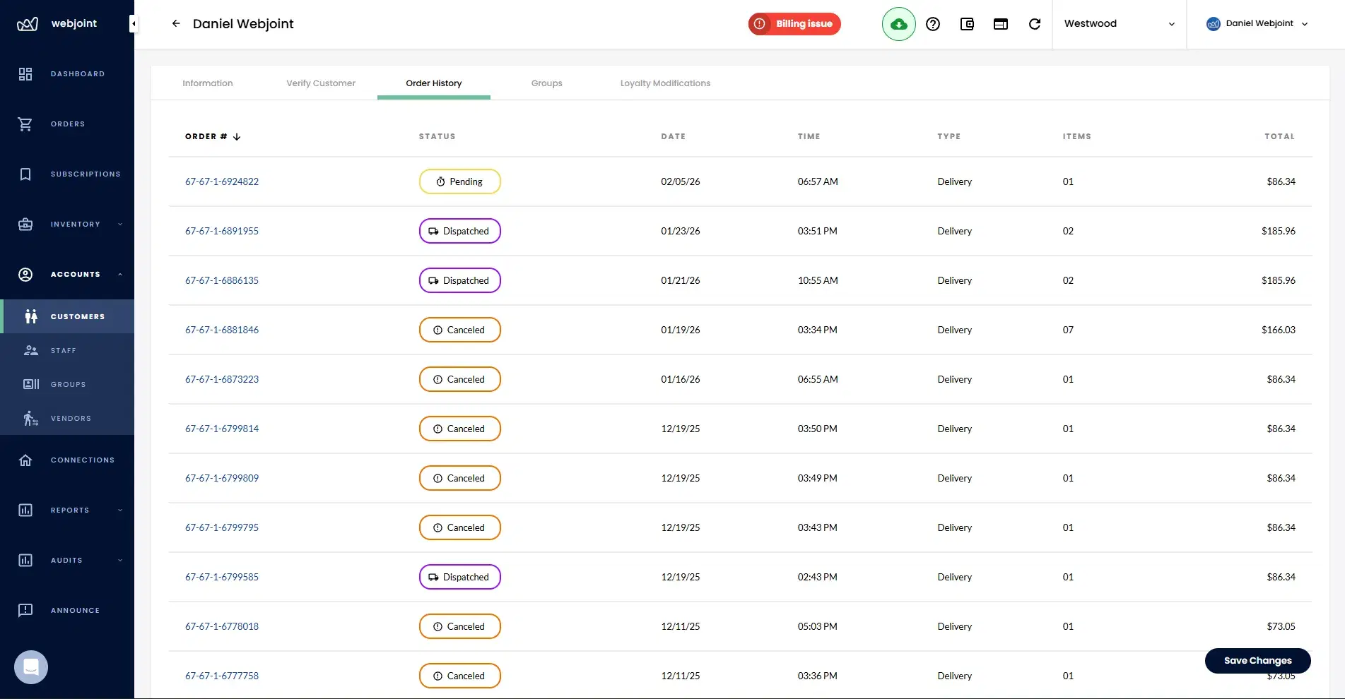 WebJoint customer order history showing complete purchase records