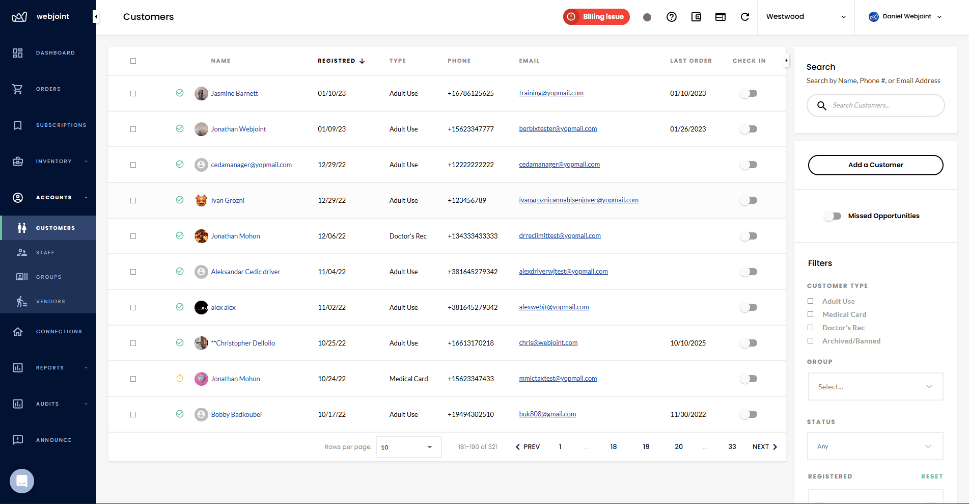 WebJoint customer list view showing customer names, registration dates, types, and contact information