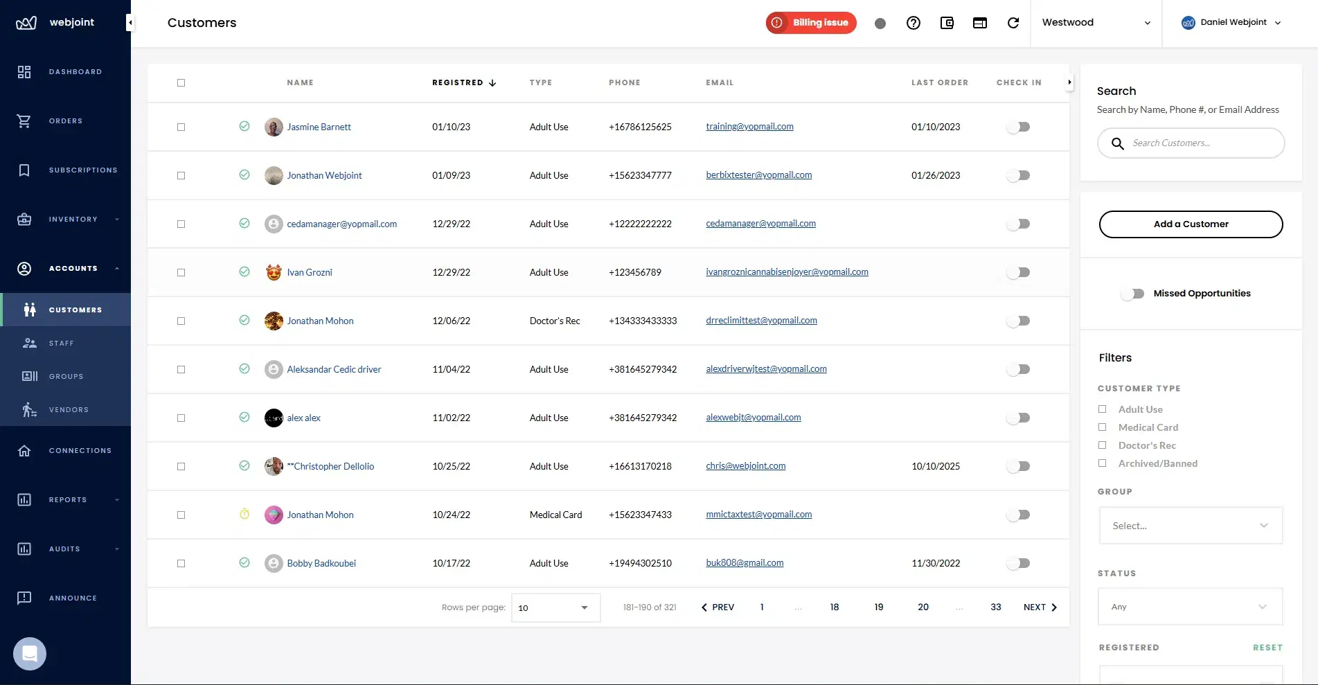 WebJoint customer list view showing customer names, registration dates, types, and contact information