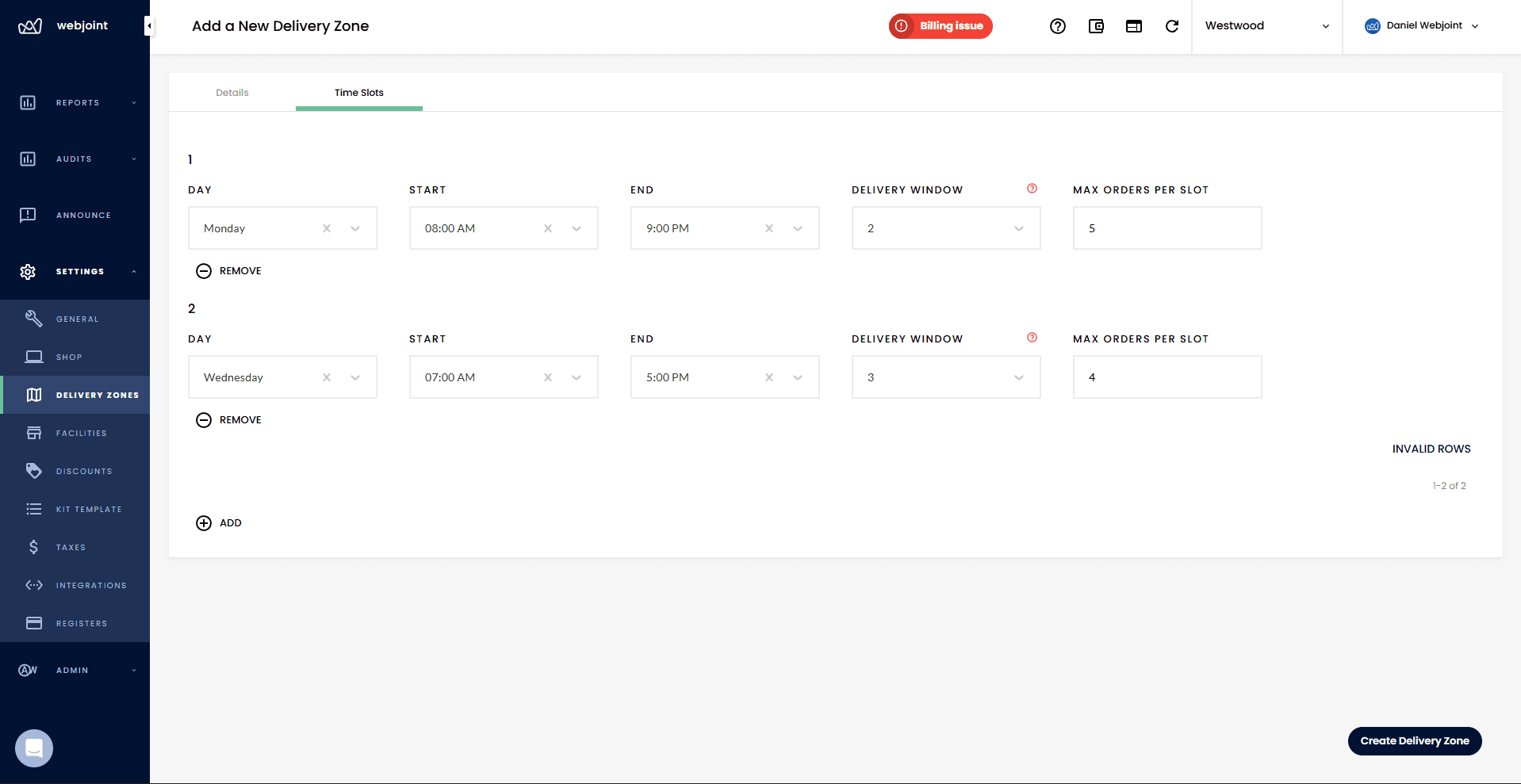 Scheduled delivery time slots showing day, start time, end time, delivery window, and max orders per slot