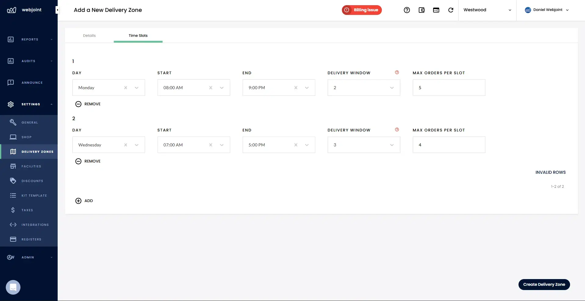 Scheduled delivery time slots showing day, start time, end time, delivery window, and max orders per slot