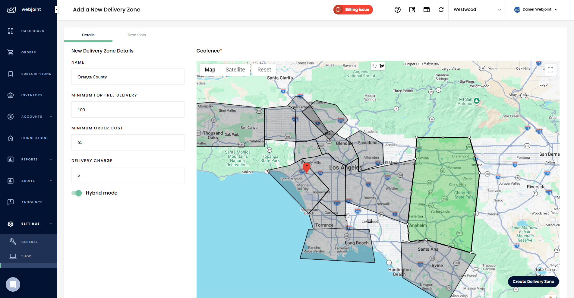 WebJoint delivery zone configuration showing polygon map, fees, minimums, and hybrid settings