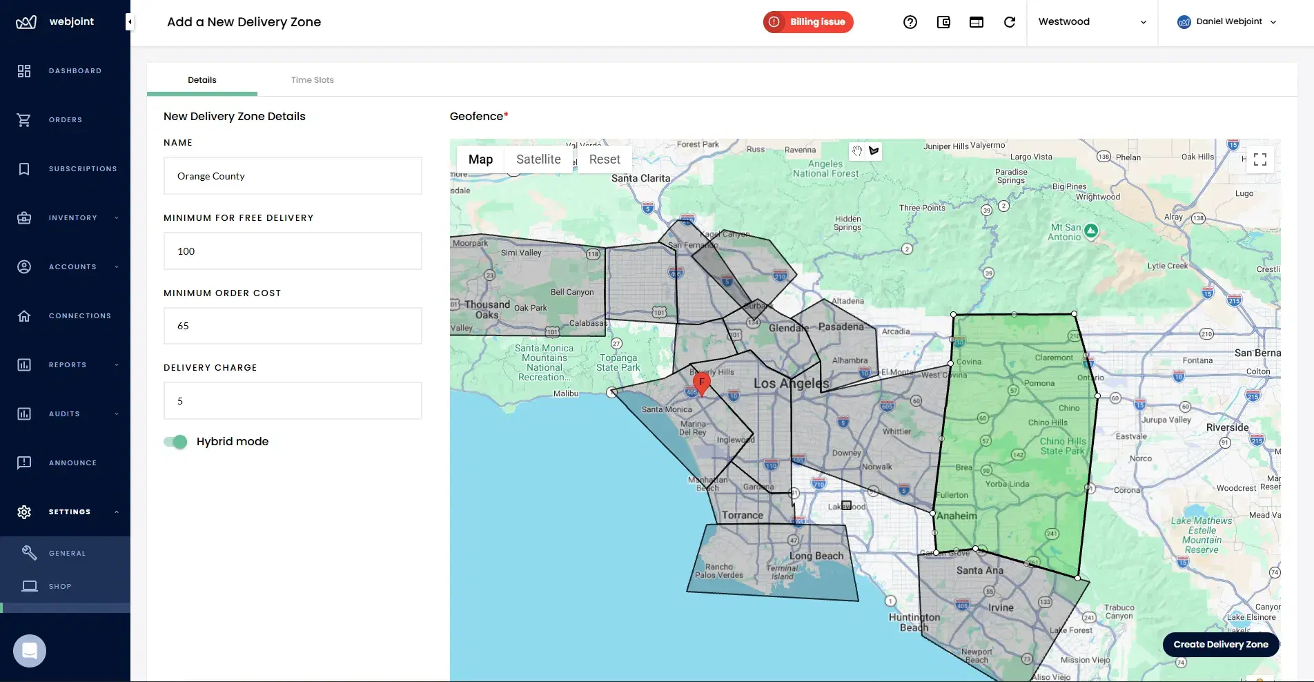 WebJoint delivery zone configuration showing polygon map, fees, minimums, and hybrid settings
