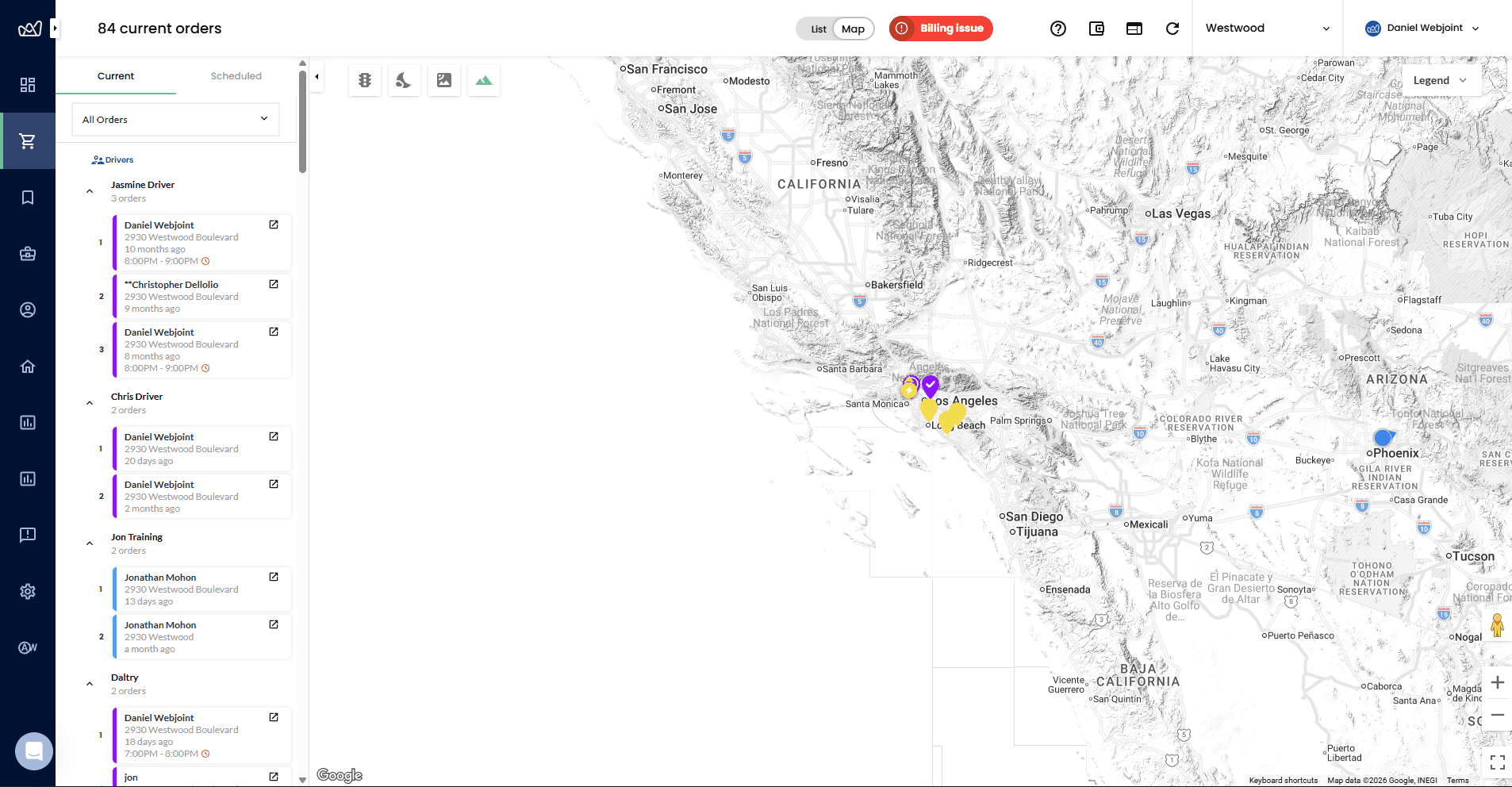 WebJoint dispatch management interface showing order map with driver sidebar and 84 active orders