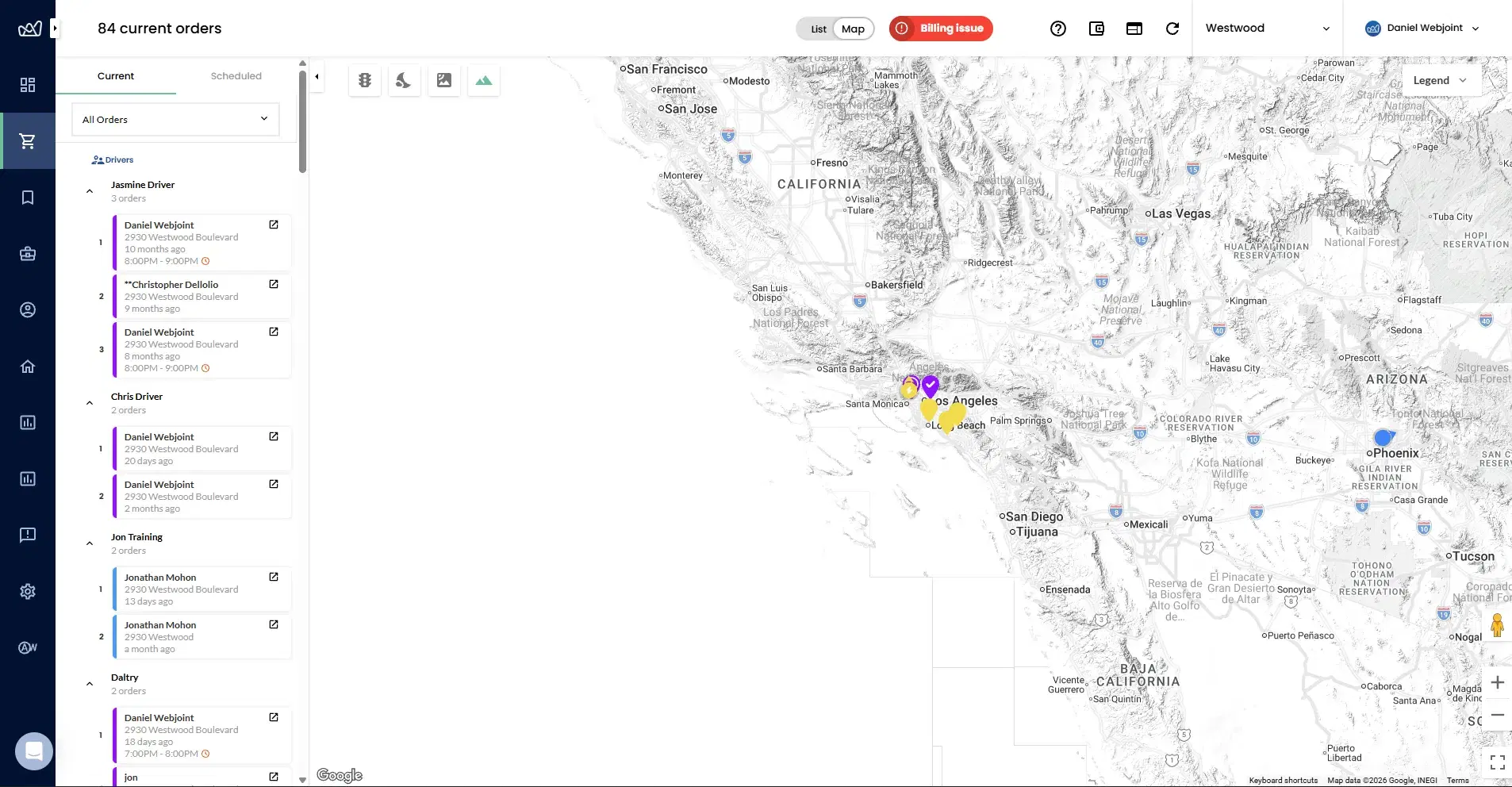 WebJoint dispatch management interface showing order map with driver sidebar and 84 active orders