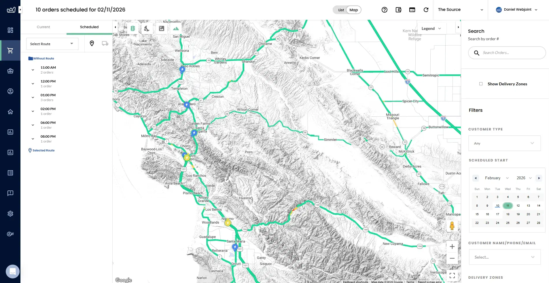 WebJoint scheduled orders view showing 10 orders for a delivery date with route map and filters