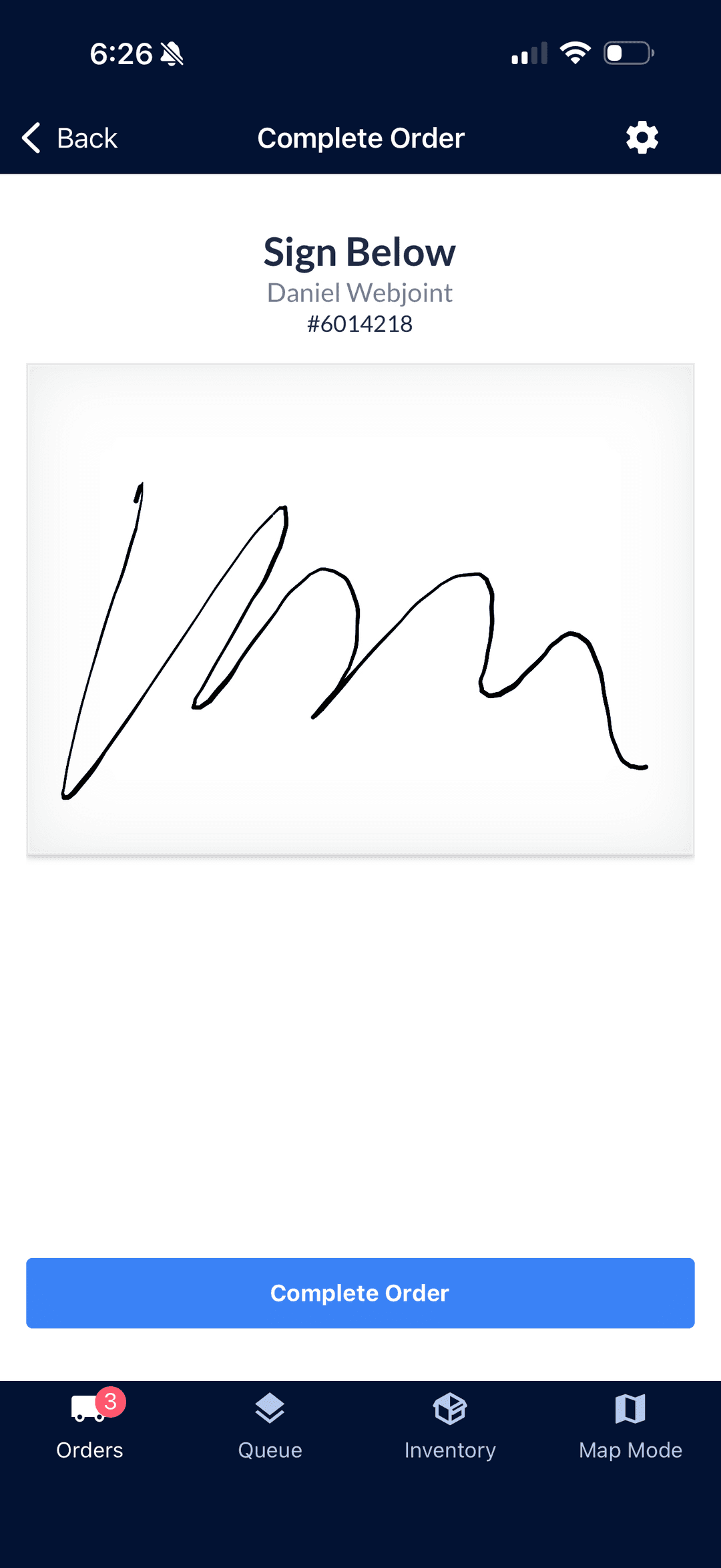 Delivery completion screen with digital signature capture