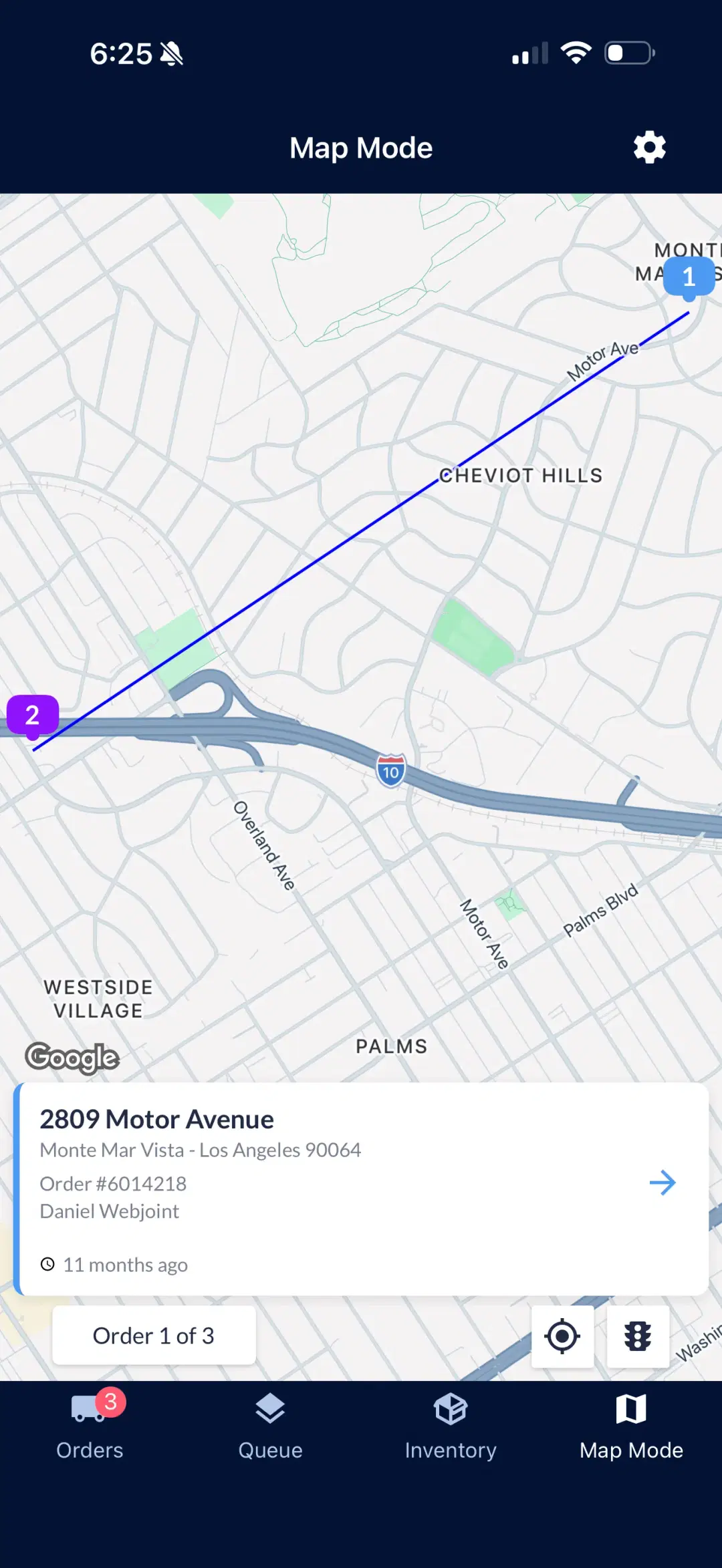 Map Mode view showing optimized delivery route with multiple stops
