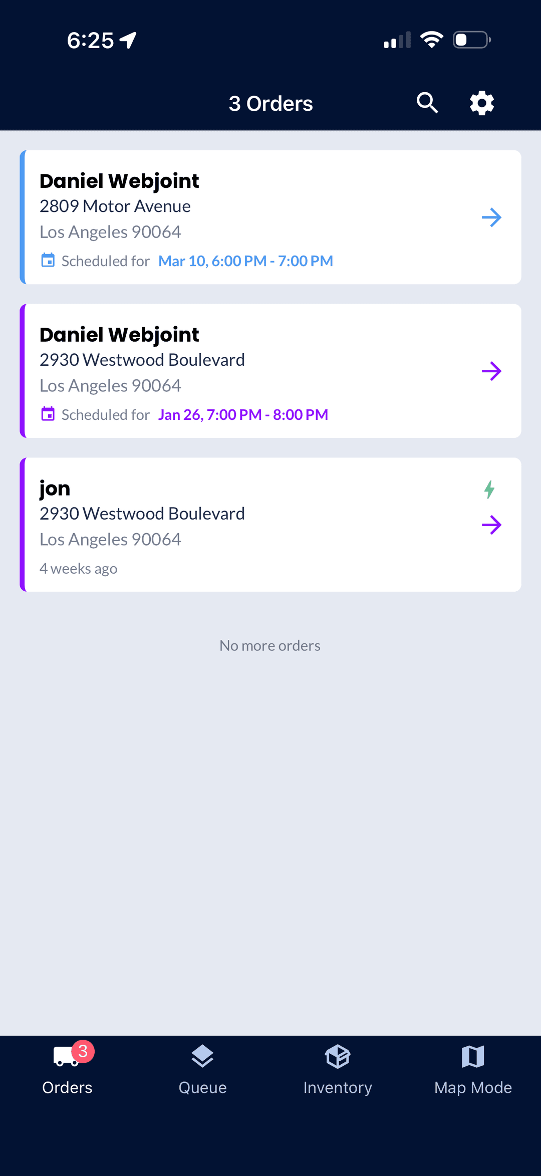WebJoint Fleet App showing assigned delivery orders with customer names and scheduled times