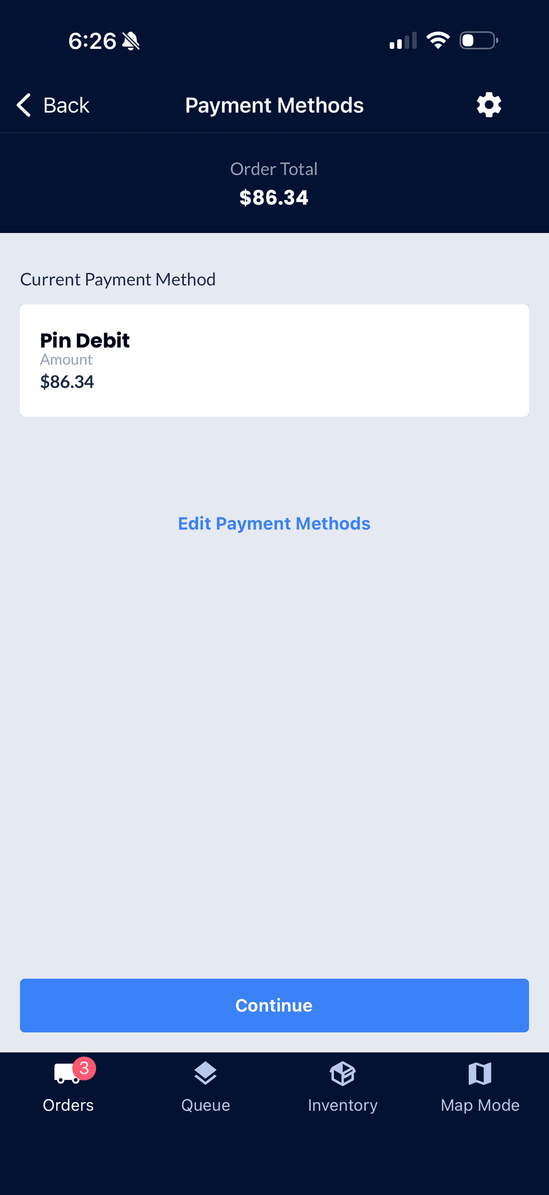 Payment method screen showing Pin Debit transaction details