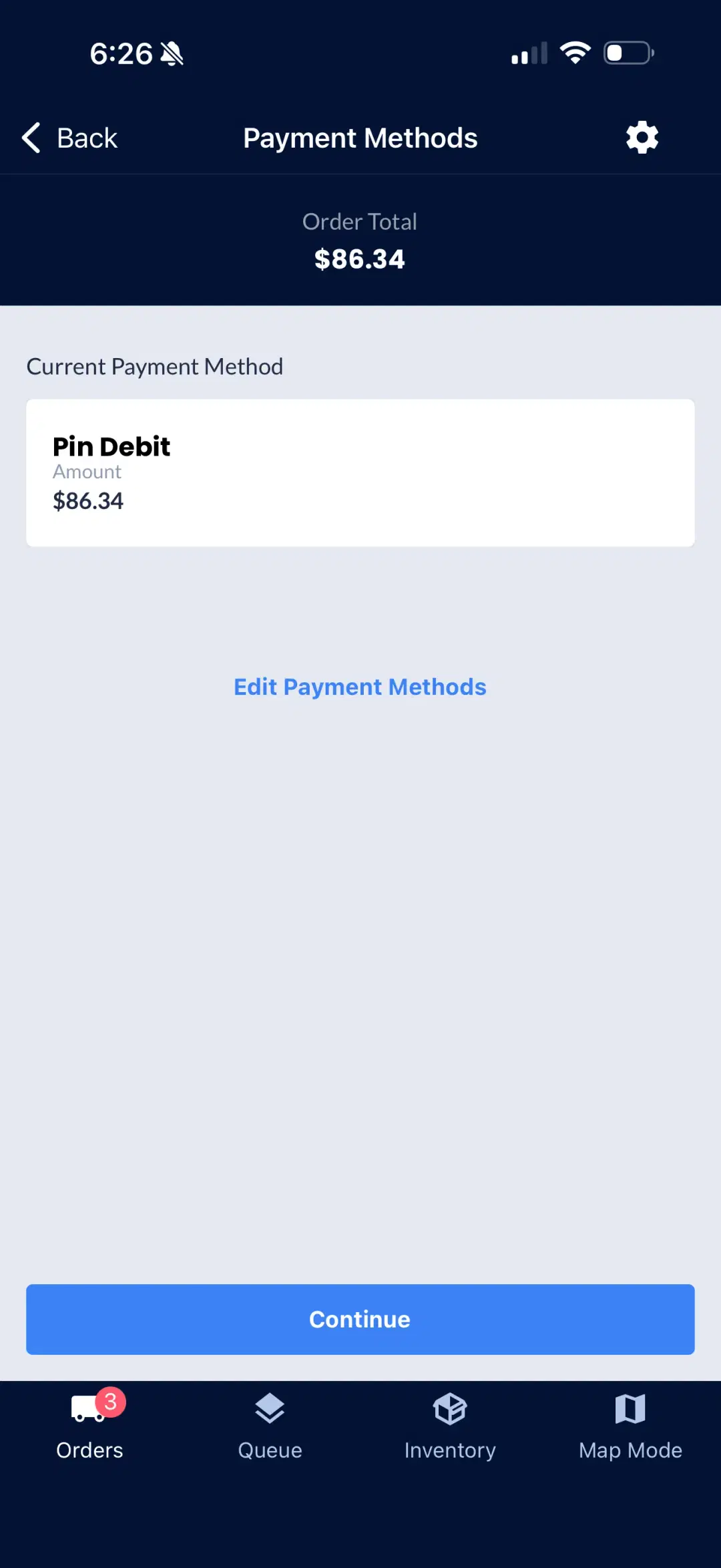 Payment method screen showing Pin Debit transaction details