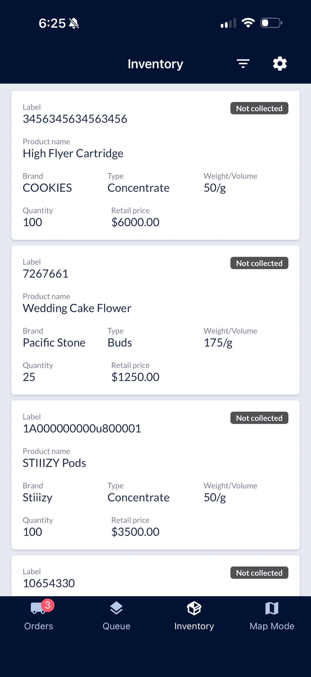 Vehicle inventory screen showing product labels, names, brands, quantities, and retail prices