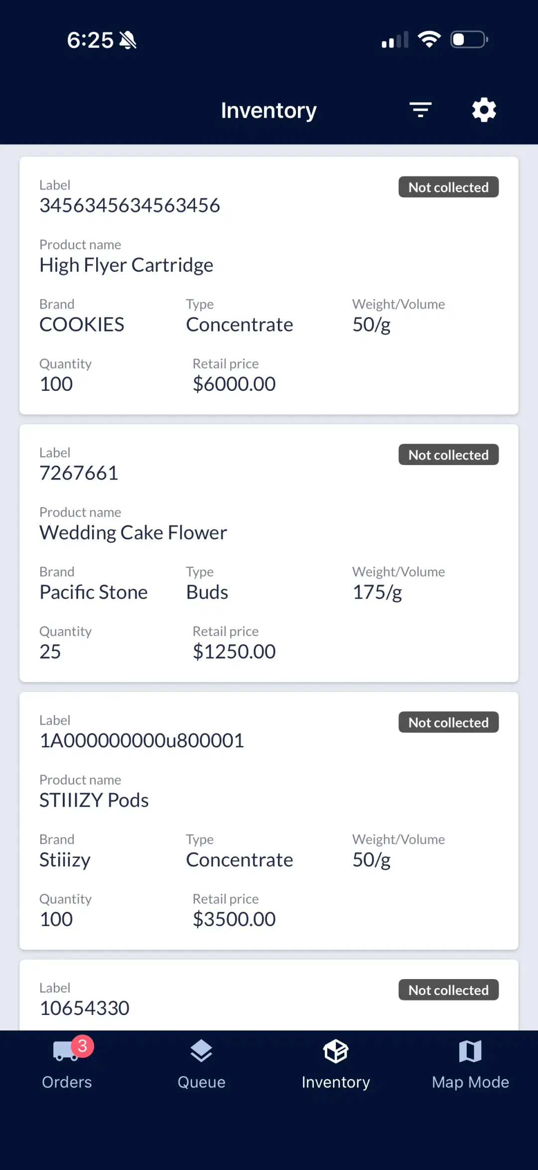 Vehicle inventory screen showing product labels, names, brands, quantities, and retail prices