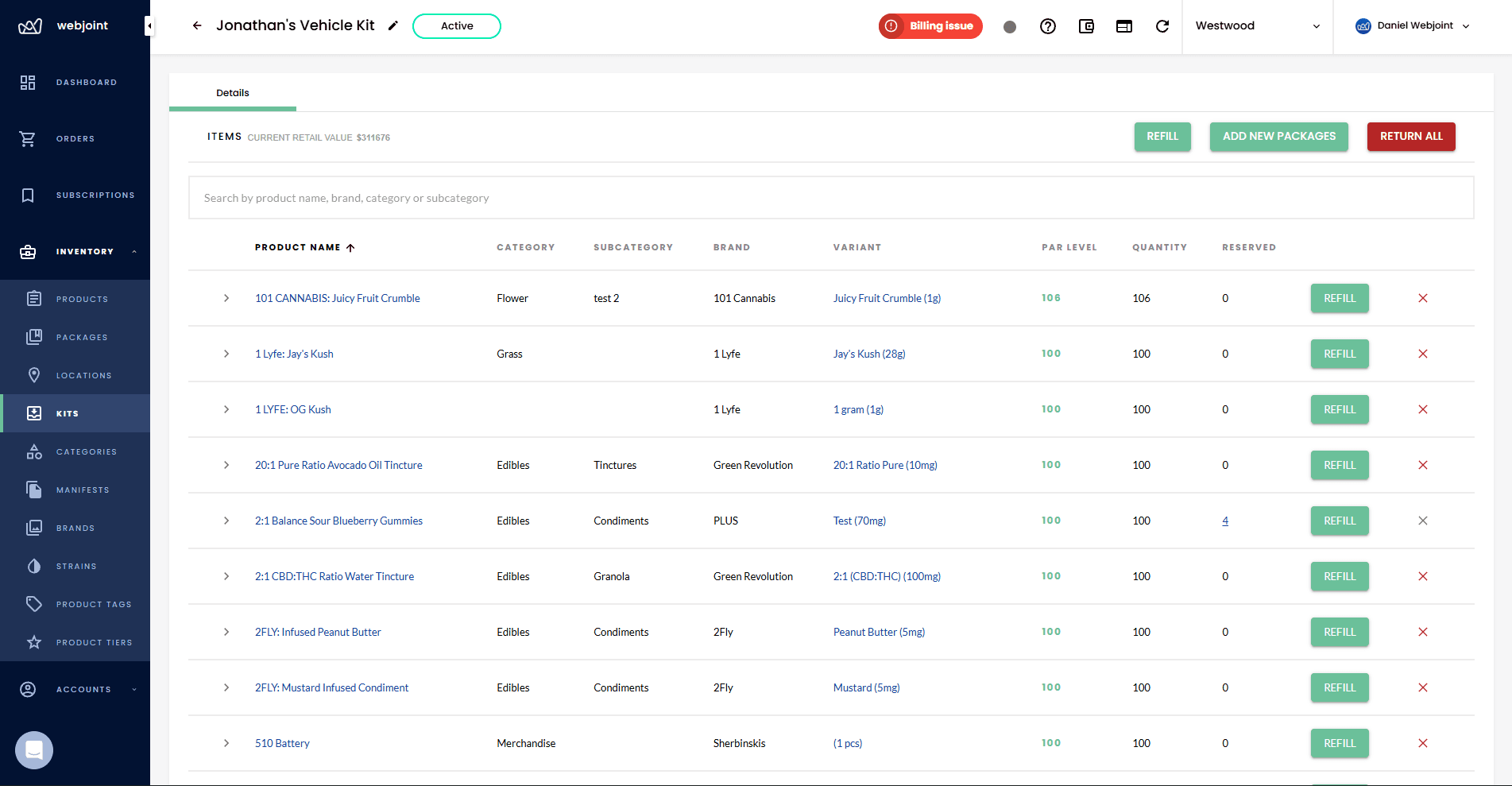 Kit detail view showing product list with par levels, quantities, reserved counts, and refill buttons