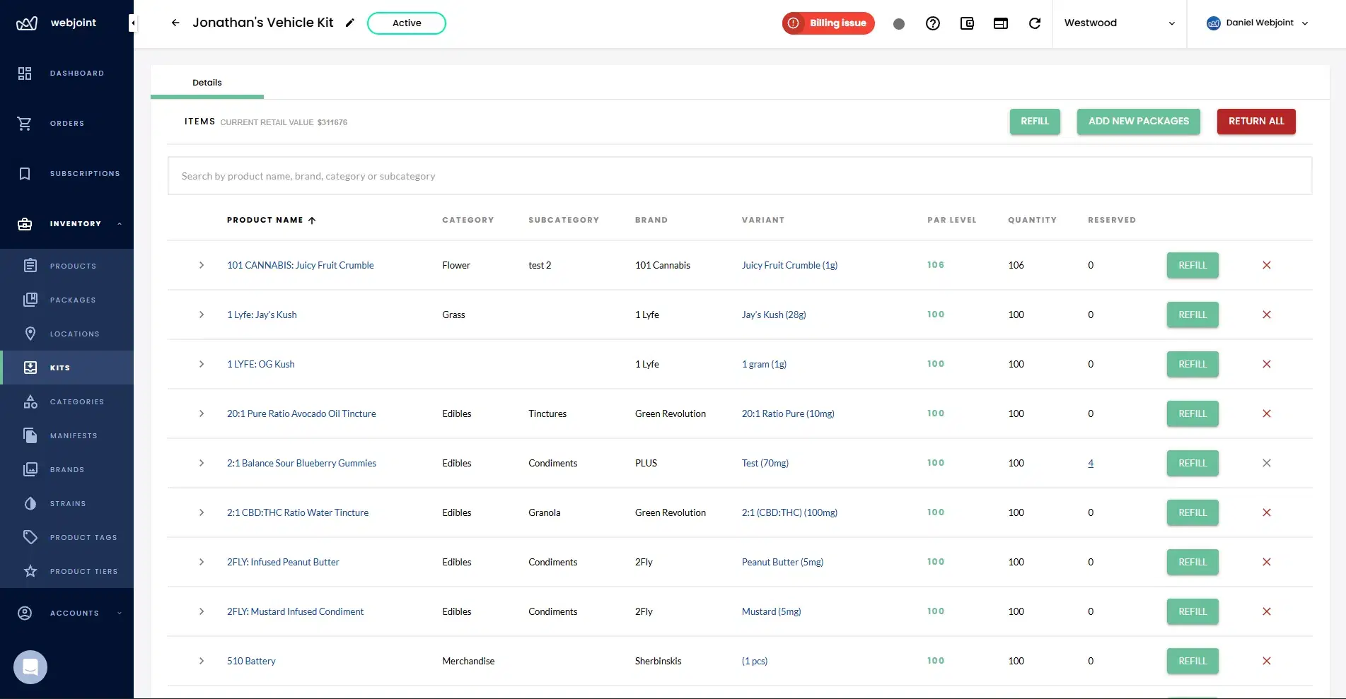 Kit detail view showing product list with par levels, quantities, reserved counts, and refill buttons