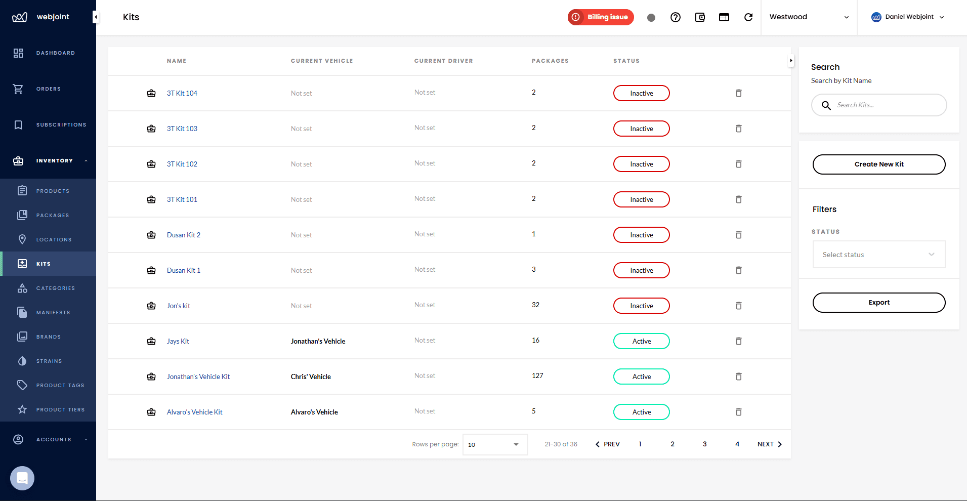 Inventory kits list showing kit names, assigned vehicles, drivers, package counts, and active status