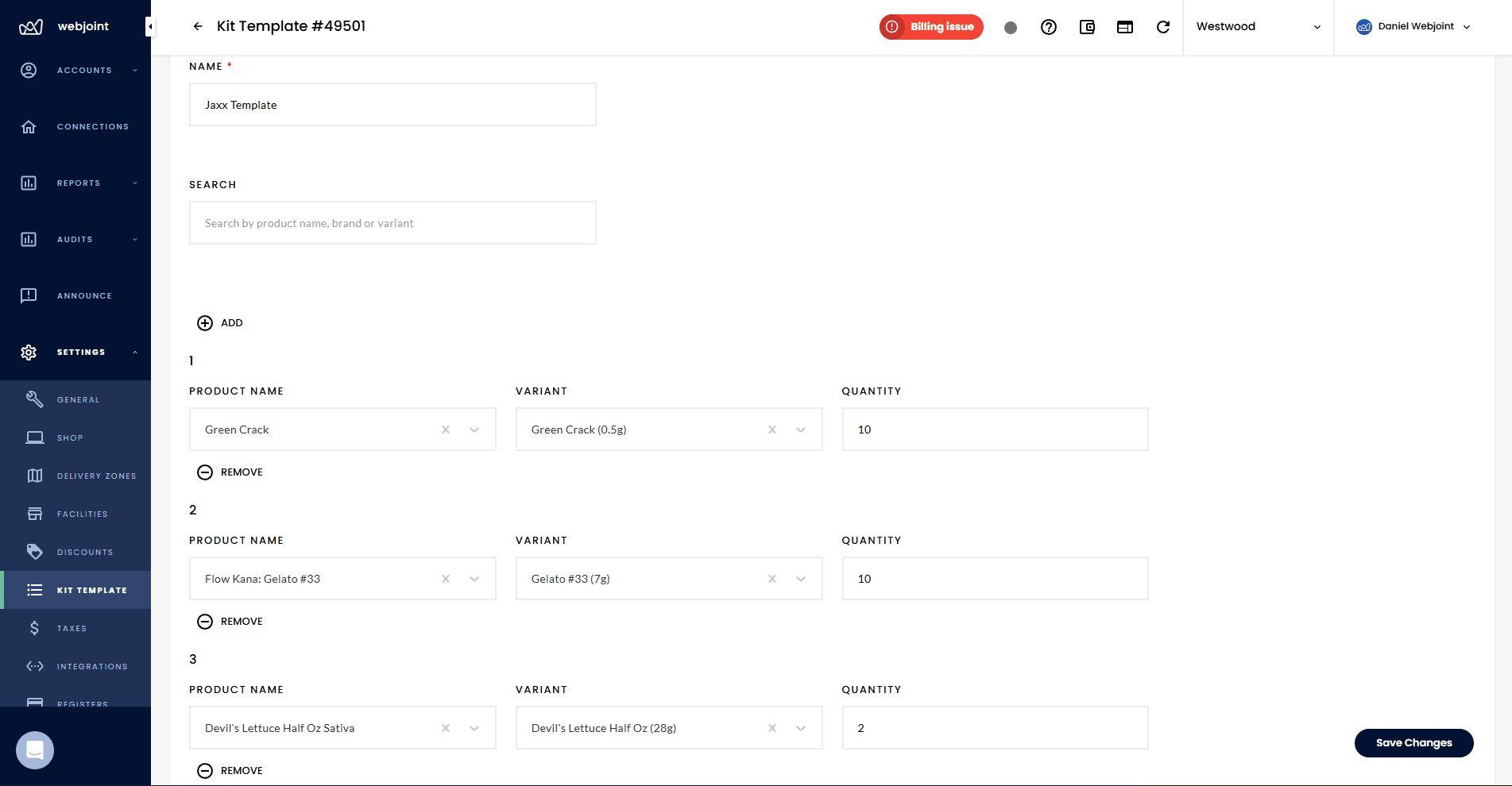Kit template builder showing product name, variant, and quantity fields with save button
