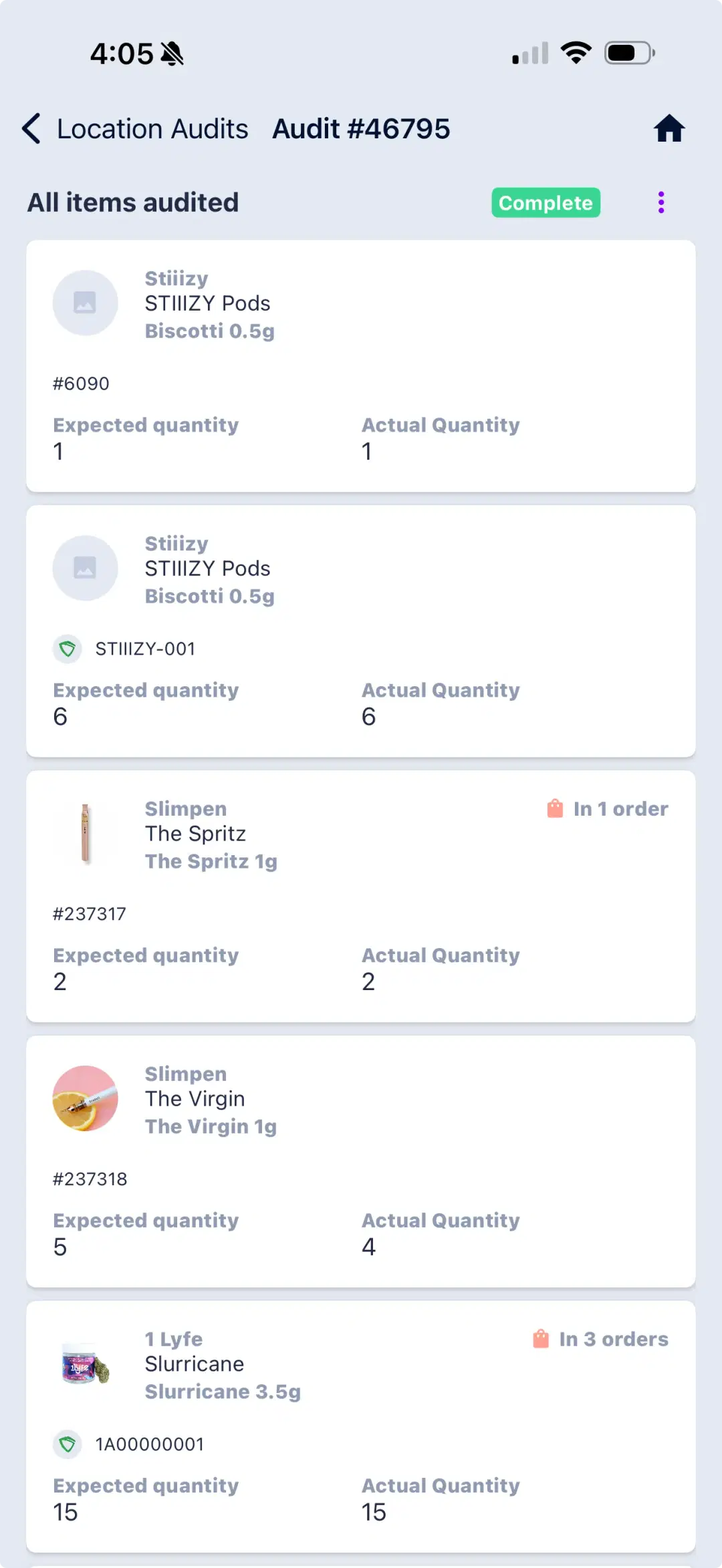 WebJoint Inventory App showing audit with expected vs actual quantities