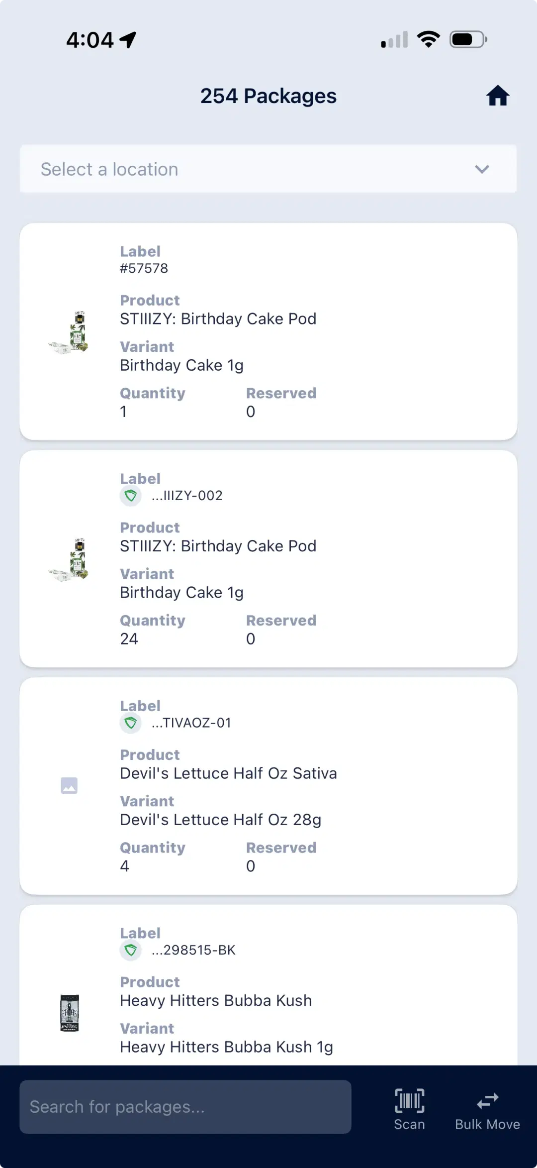WebJoint Inventory App showing package list with scan and bulk move options