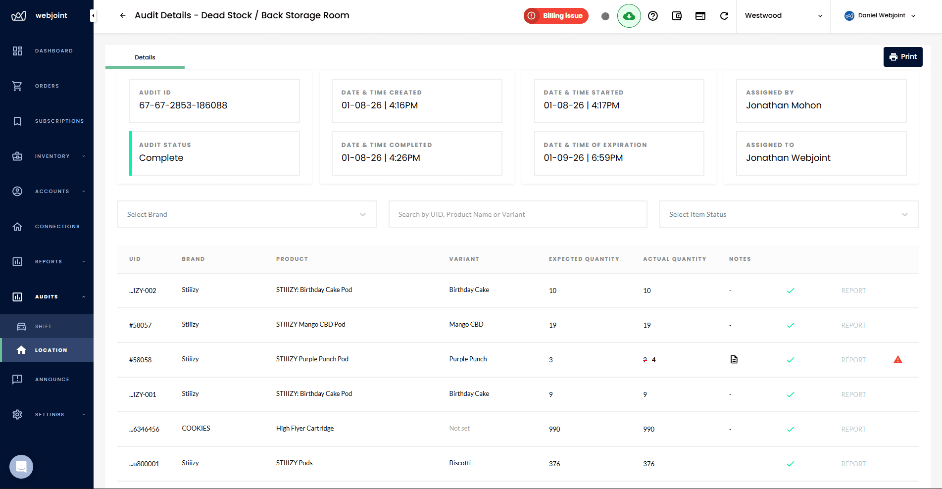 WebJoint audit details showing expected vs actual quantities with discrepancy flags