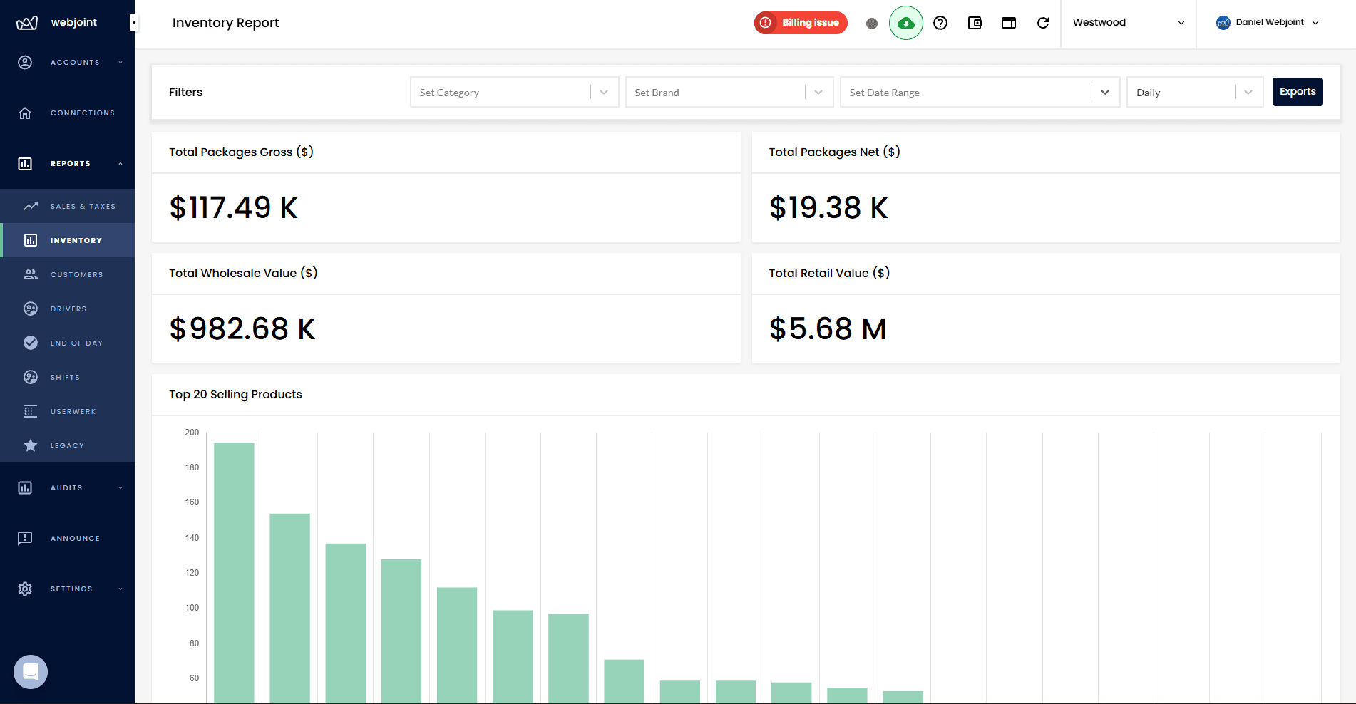 WebJoint inventory dashboard showing package values and product tracking