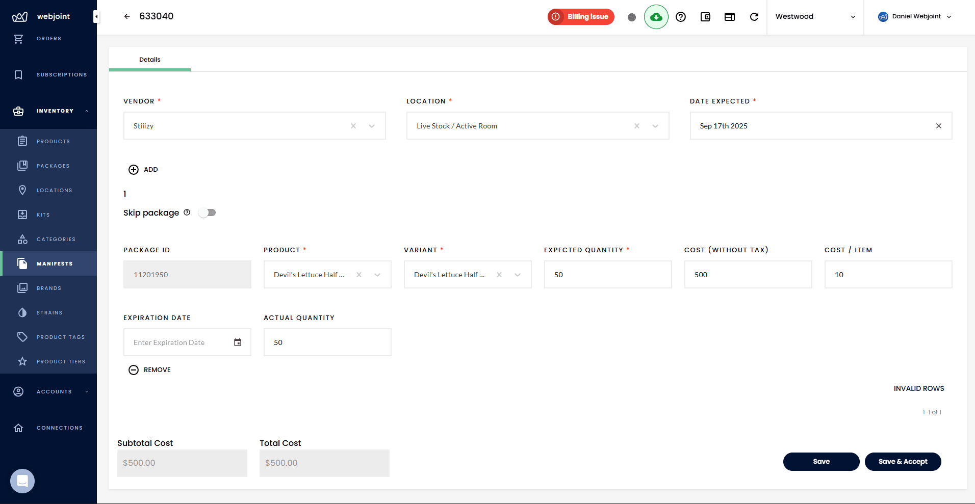 WebJoint manifest intake form showing vendor, package details, and cost tracking