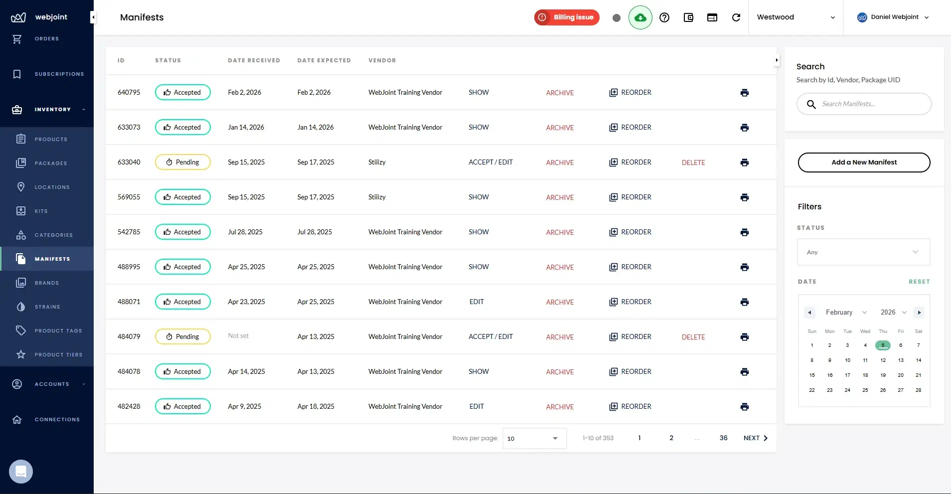 WebJoint manifests list showing accepted and pending METRC manifests