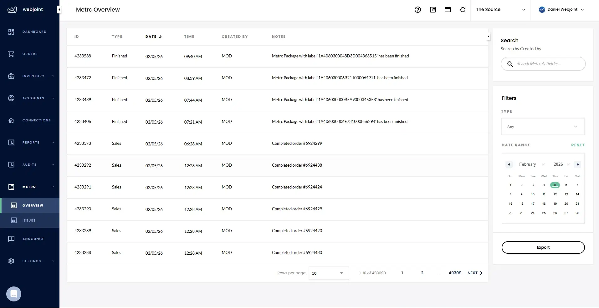 WebJoint METRC overview showing activity log with package changes and sales