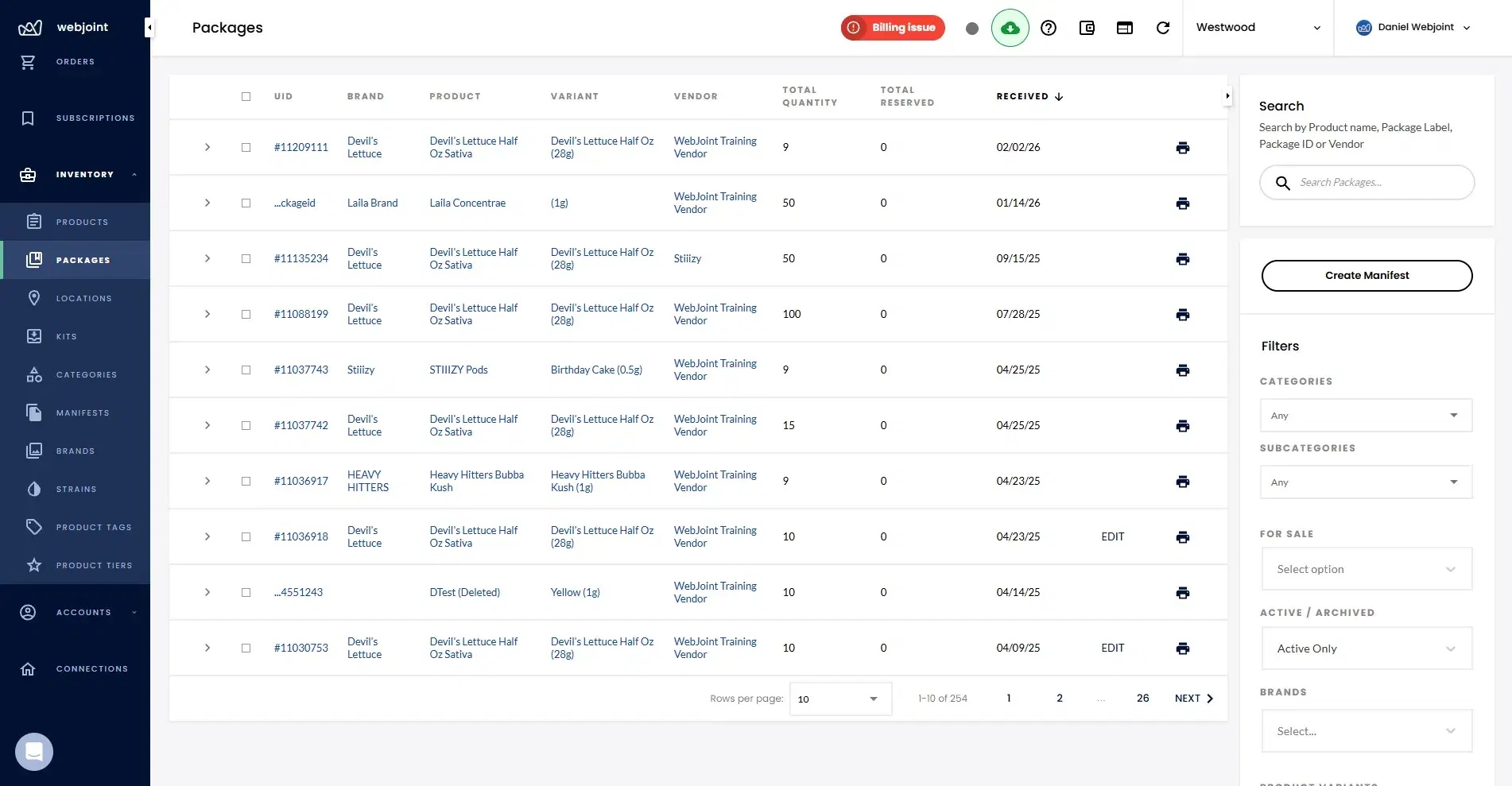 WebJoint packages list showing inventory with quantities, vendors, and filters