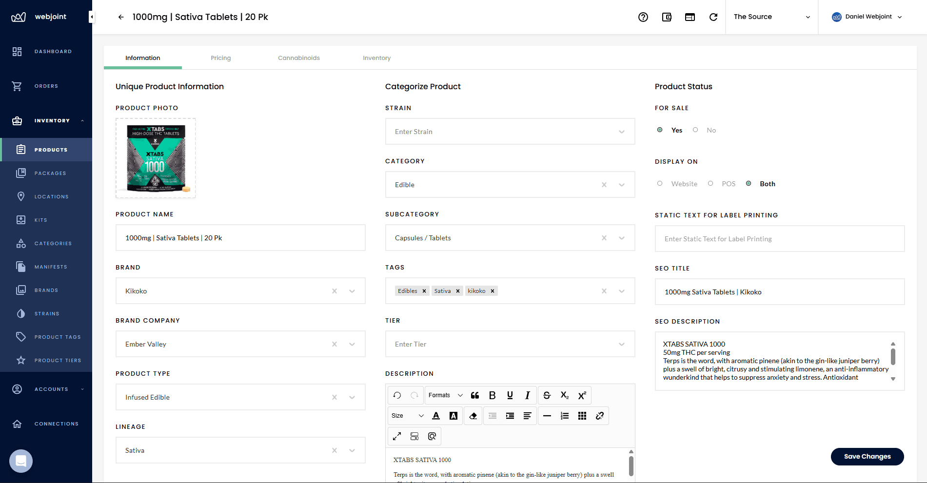 WebJoint product profile showing strain, category, tags, and SEO fields