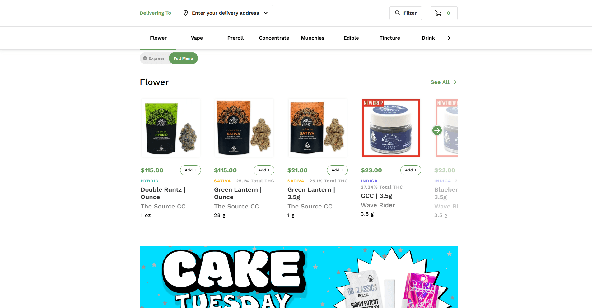 Product menu showing Express and Full Menu toggle, category tabs, and product cards with prices and THC content