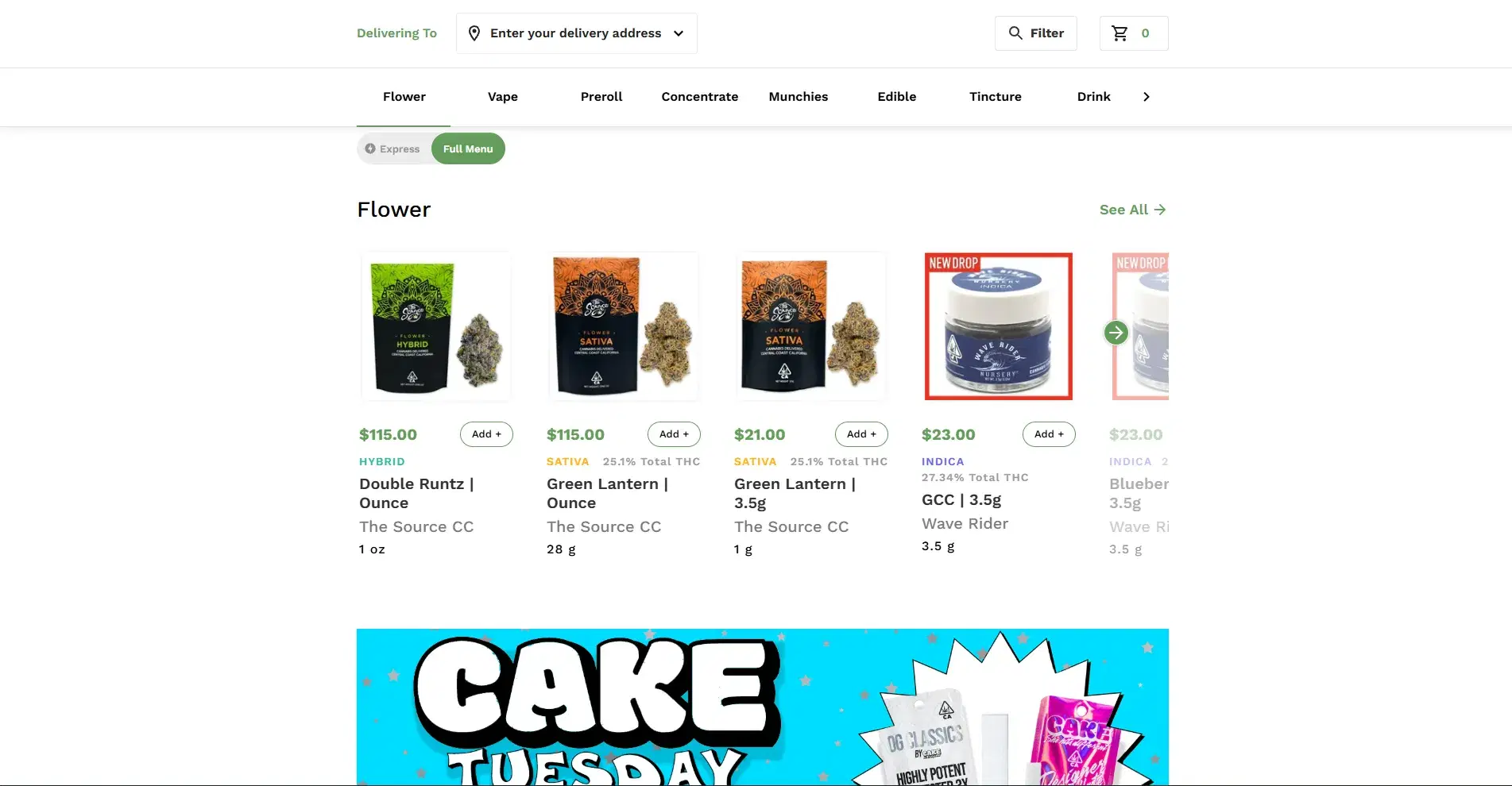 Product menu showing Express and Full Menu toggle, category tabs, and product cards with prices and THC content