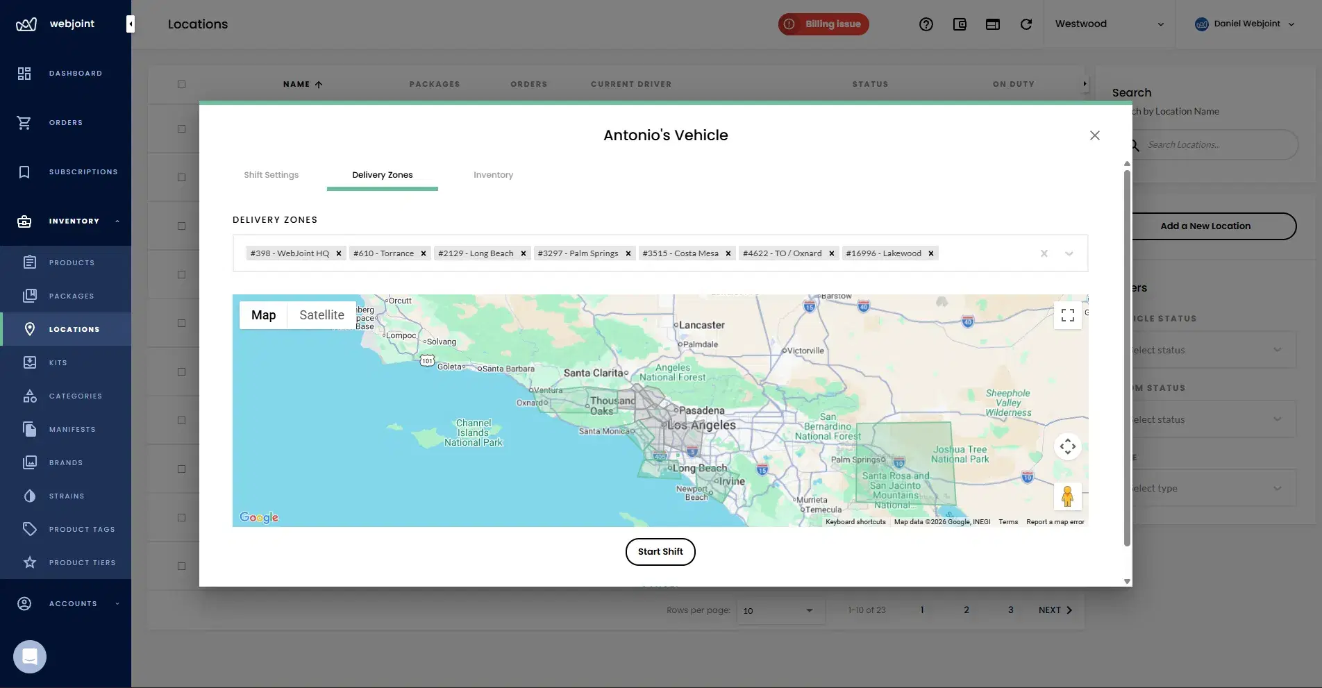 Delivery zones tab showing assigned zones with Google Maps view of coverage area
