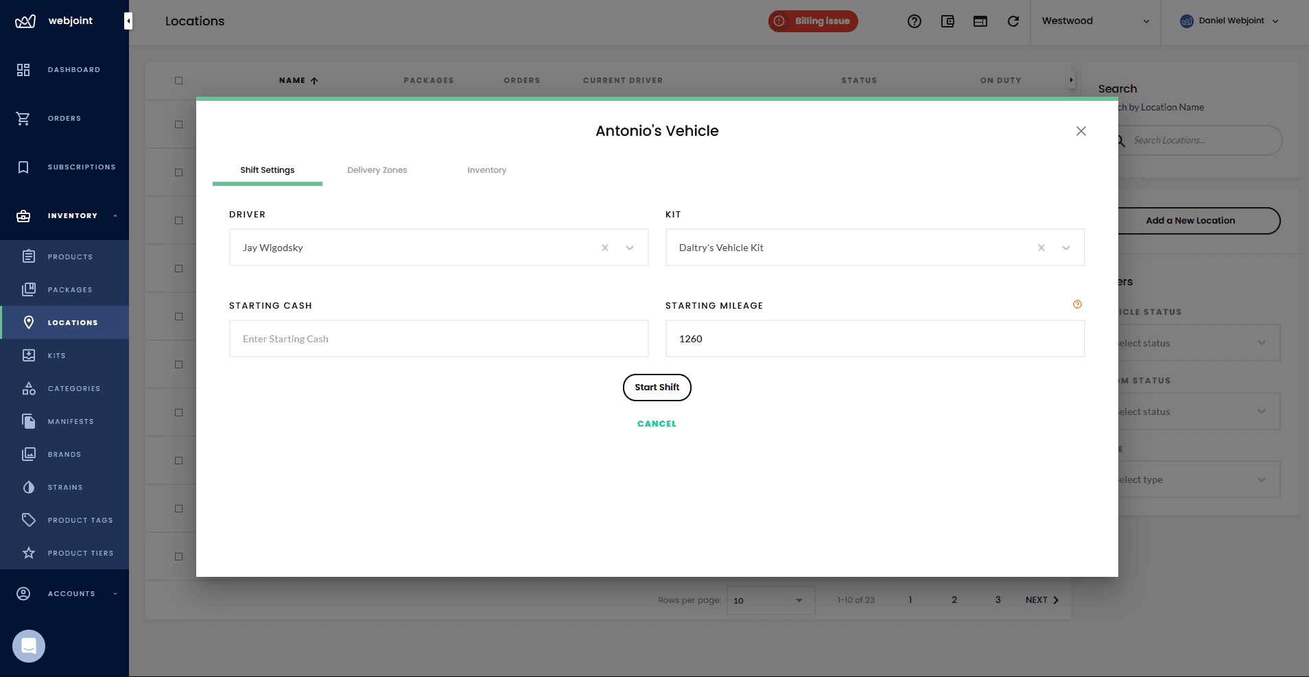 Start shift dialog showing driver selection, kit assignment, starting cash, and mileage fields