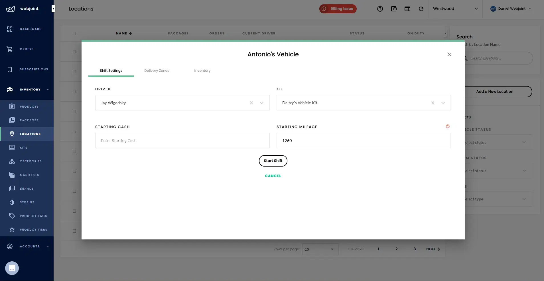 Start shift dialog showing driver selection, kit assignment, starting cash, and mileage fields