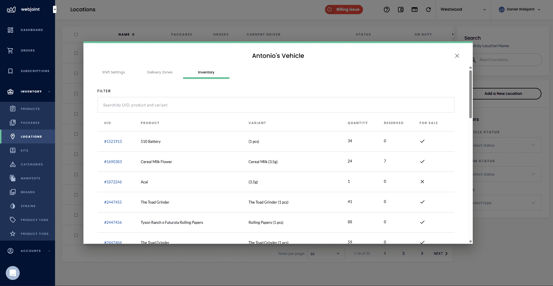 Vehicle inventory tab showing products with UID, variant, quantity, and reserved counts
