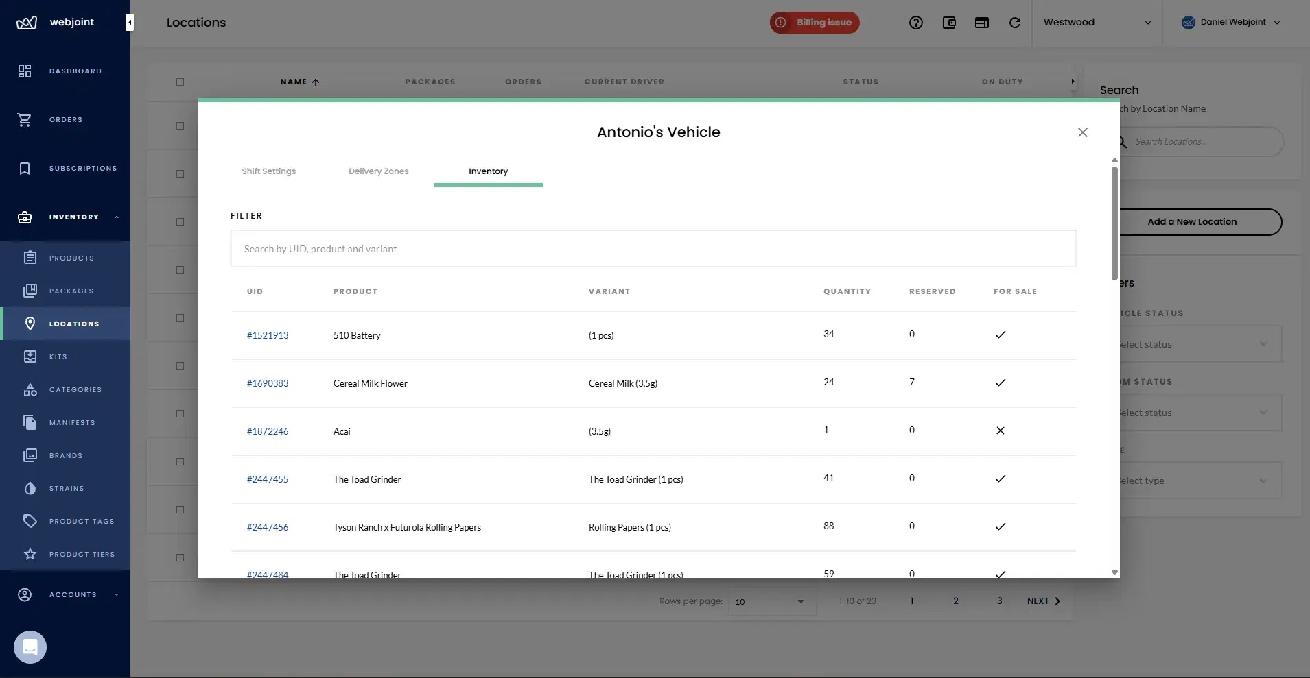Vehicle inventory tab showing products with UID, variant, quantity, and reserved counts