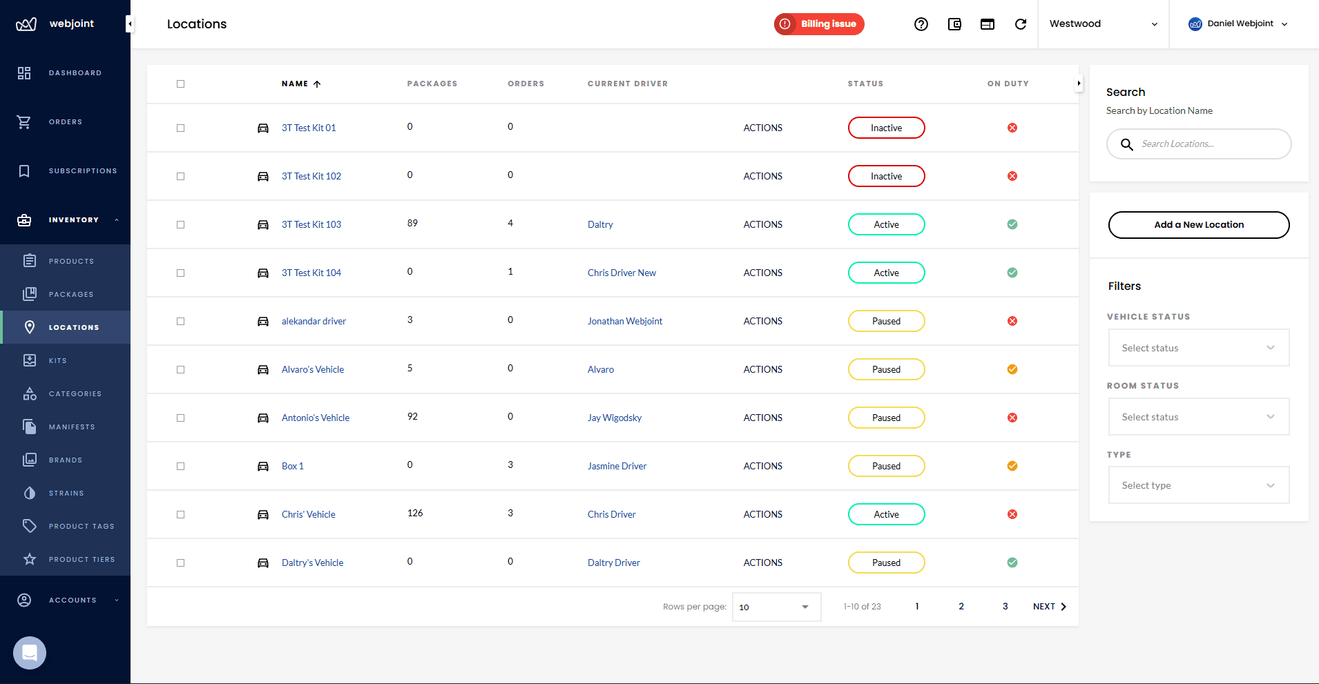 WebJoint vehicle management dashboard showing vehicle list with status, drivers, and inventory