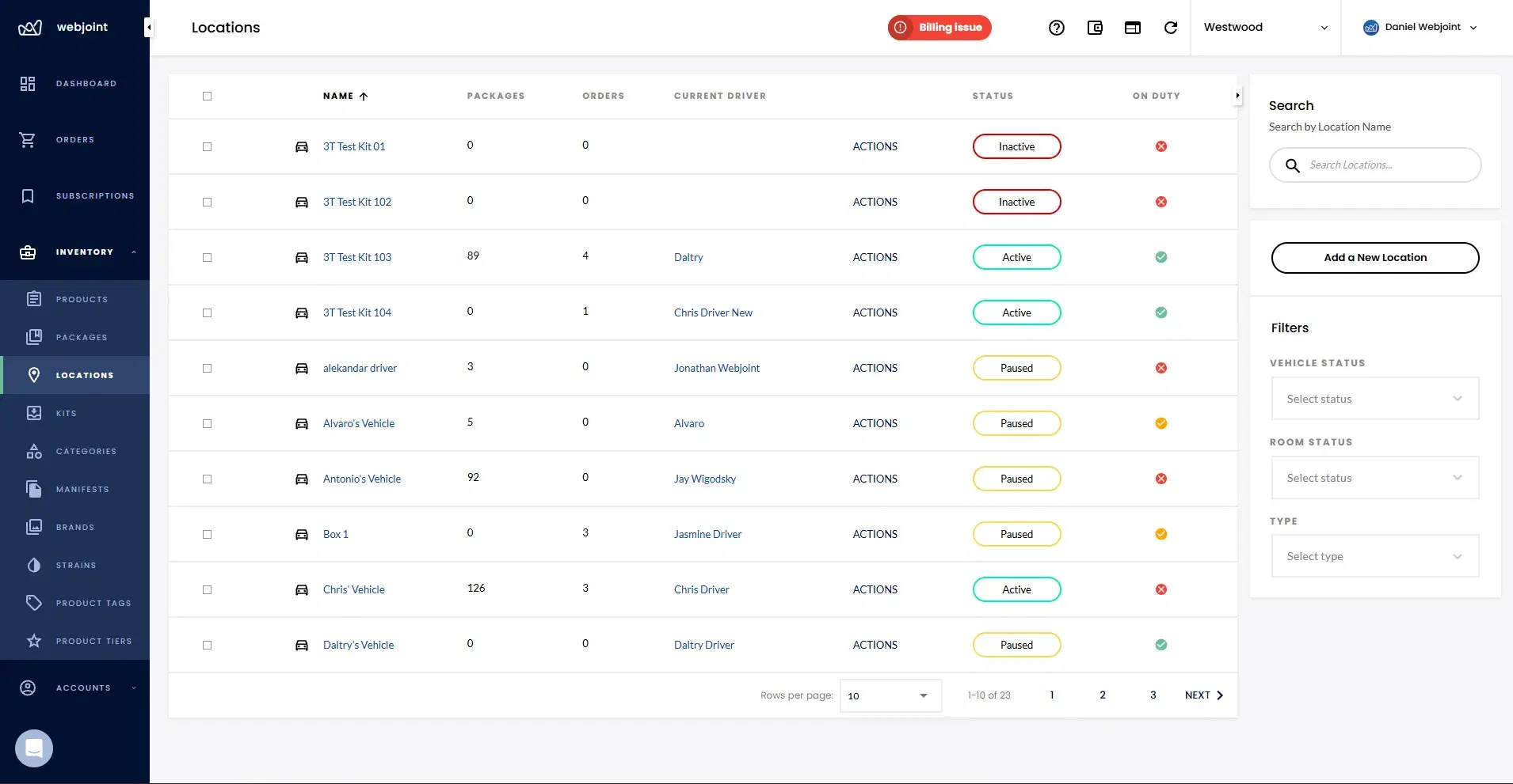 WebJoint vehicle management dashboard showing vehicle list with status, drivers, and inventory