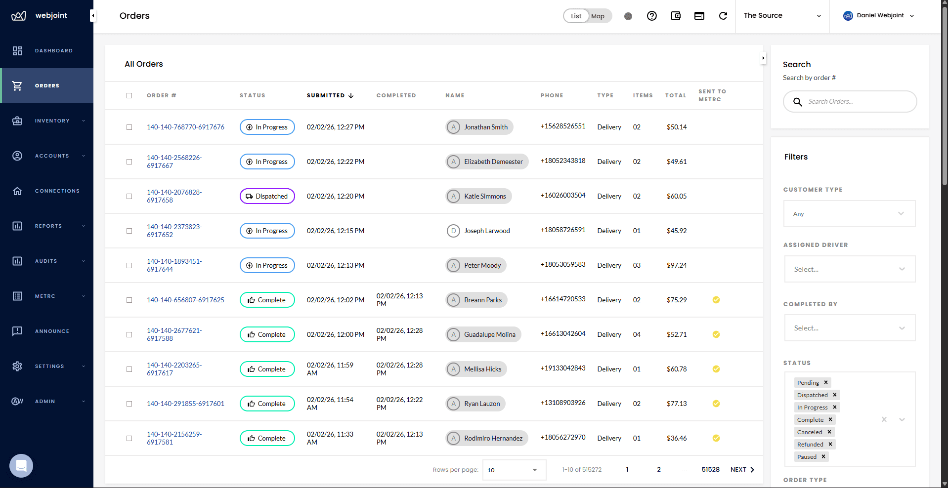 WebJoint software dashboard screenshot
